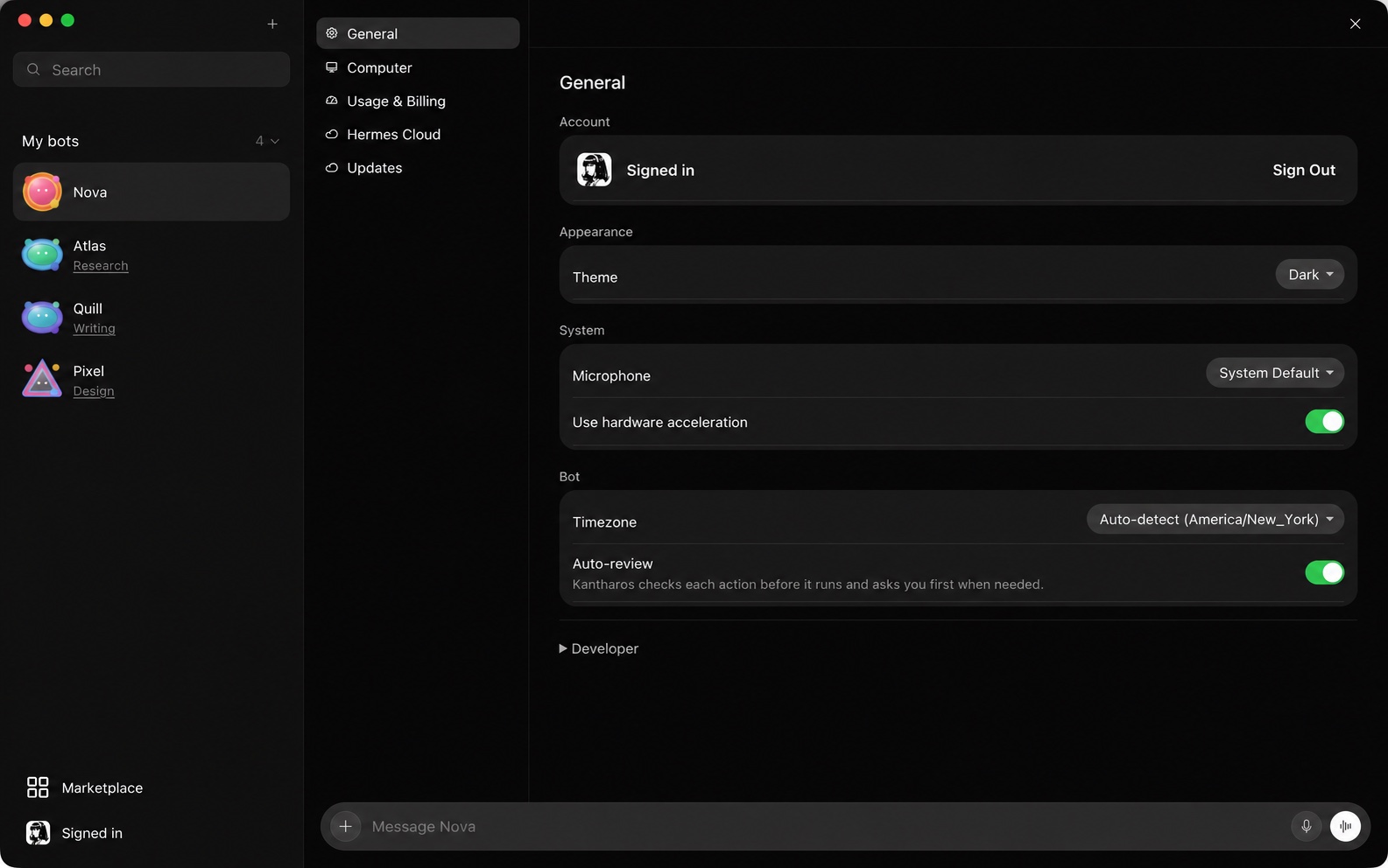 Sidebar with Nova, Atlas for research, Quill for writing, and Pixel for design