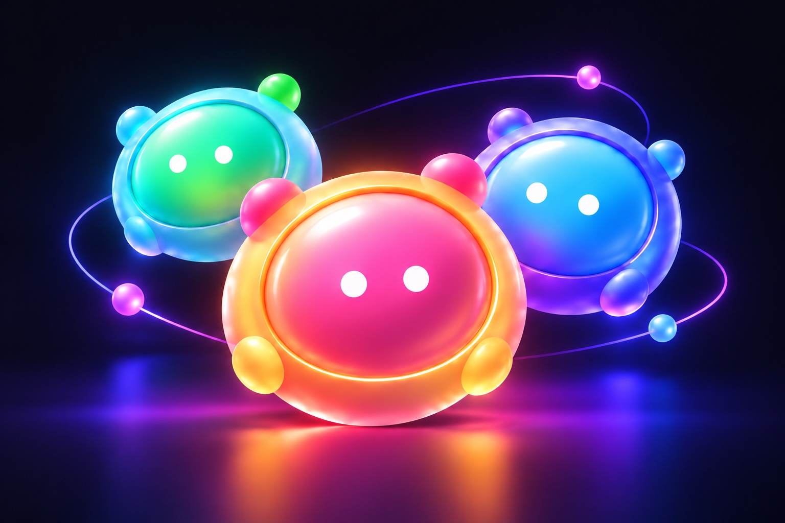Three playful Kantharos bots in pink, green and blue